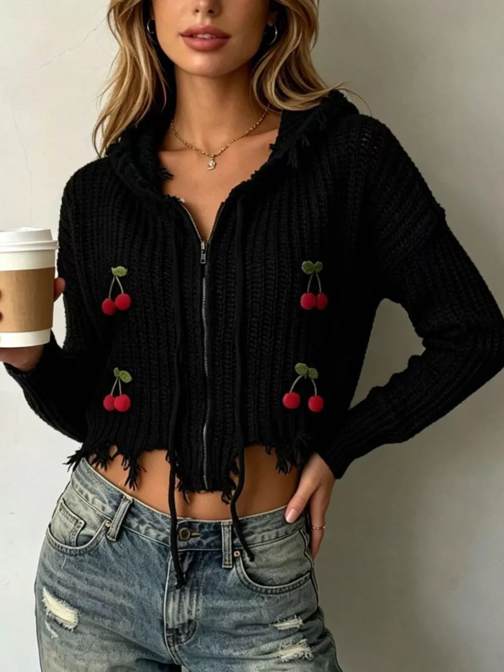 Apricot Cherry Knit Zip-up Hooded Sweater