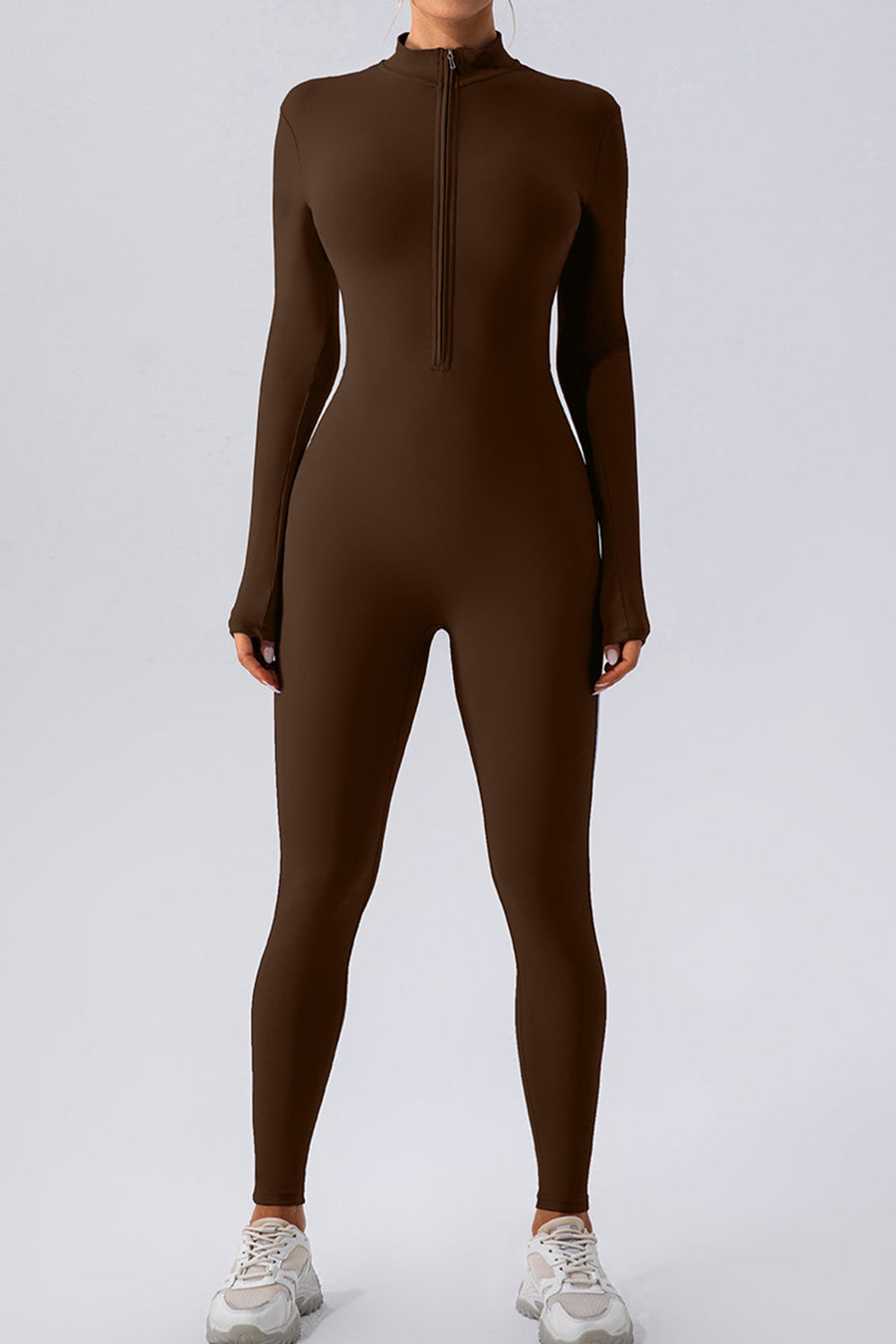 Chocolate zip-front long sleeve bodycon jumpsuit with mock neck