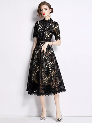 Elegant black lace midi dress with delicate sleeves and a-line cut.