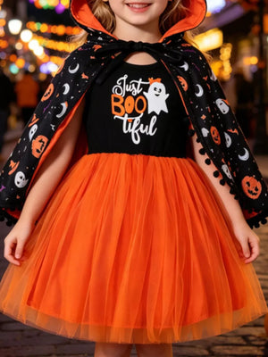 black A-line dress with novelty print and round neck