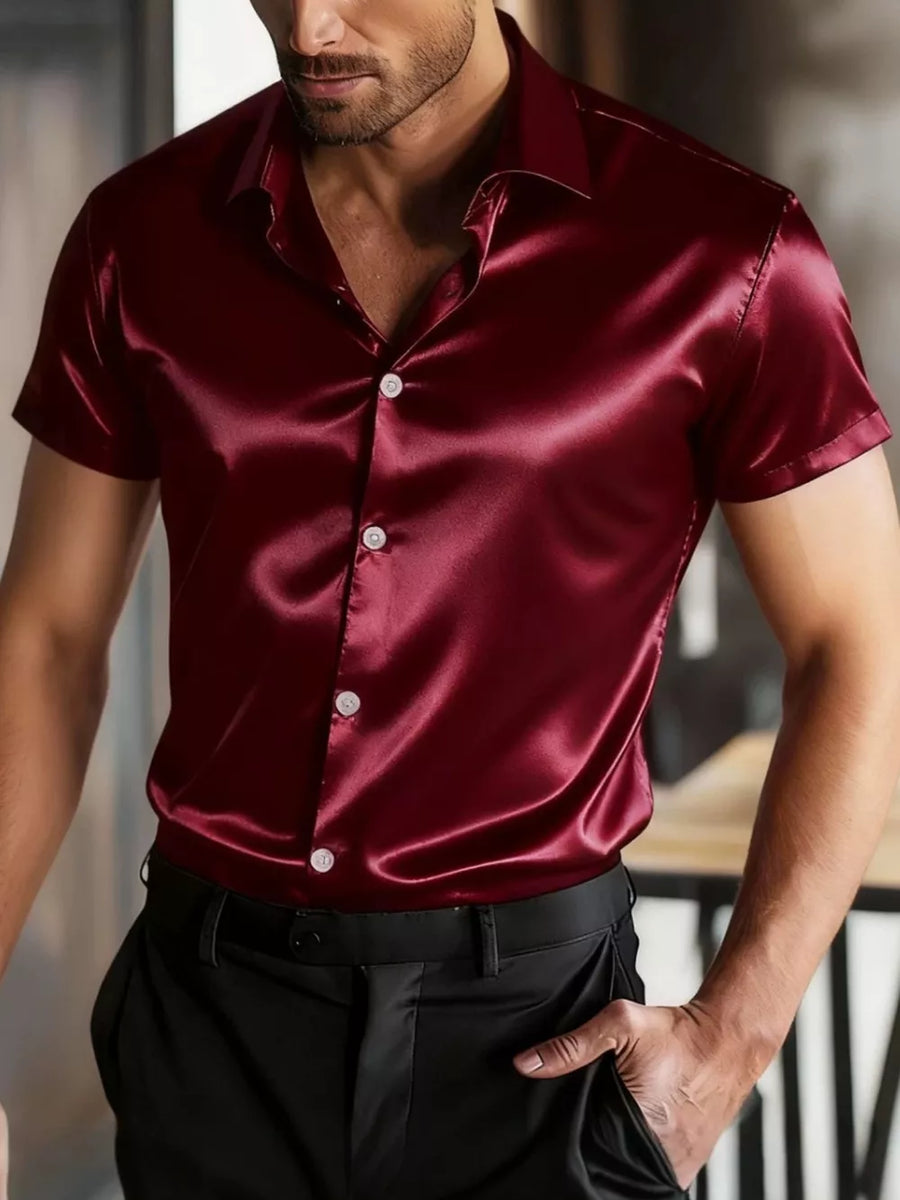 Burgundy satin short sleeve shirt with tailored fit and button front.