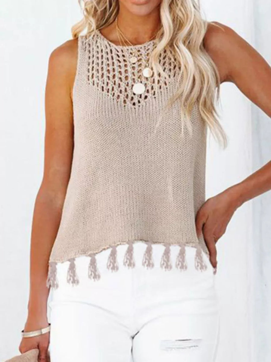Beige knit sleeveless top with crochet neckline and tassel hem