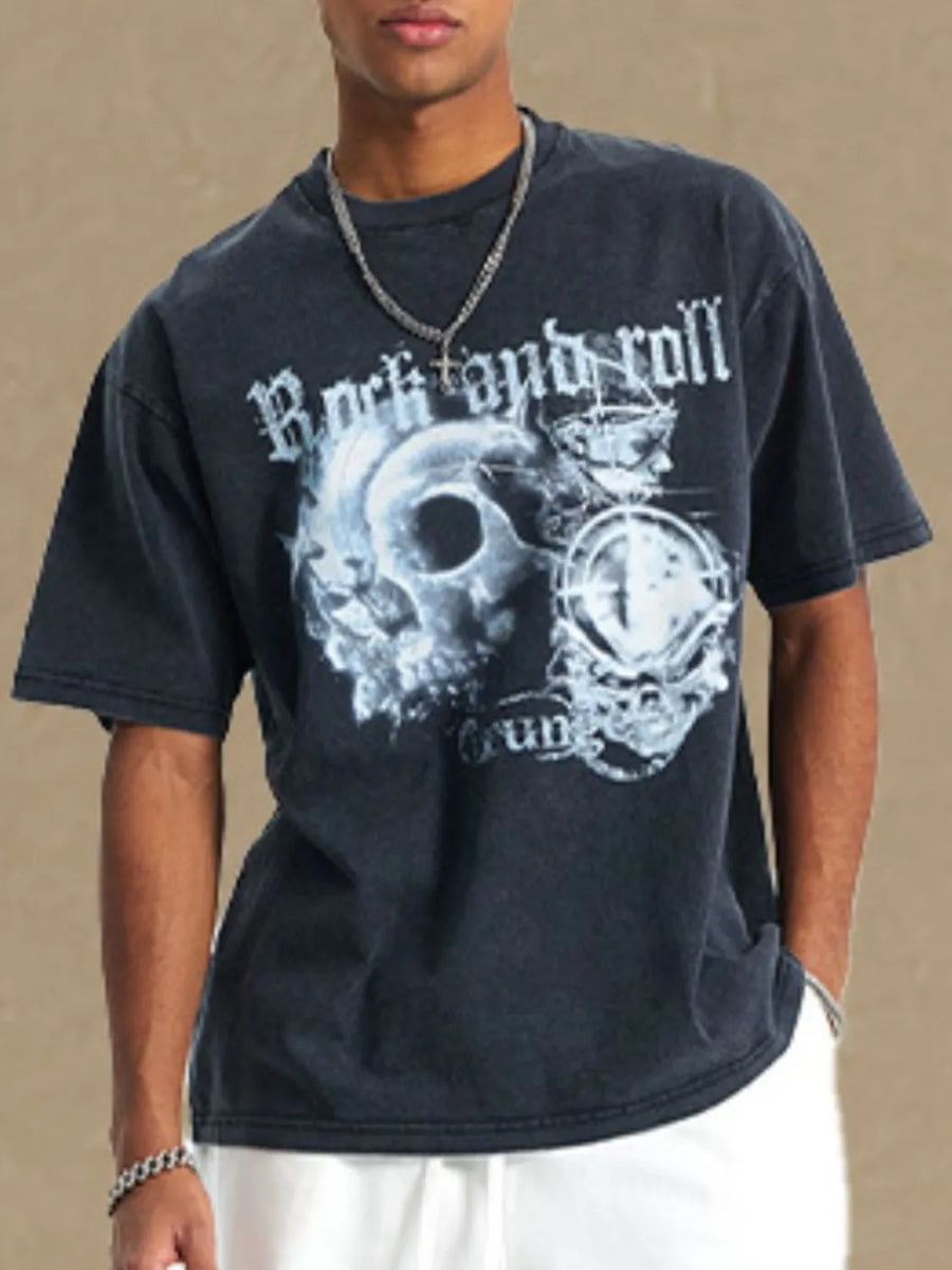 Black vintage rock graphic t-shirt with skull and gothic font.