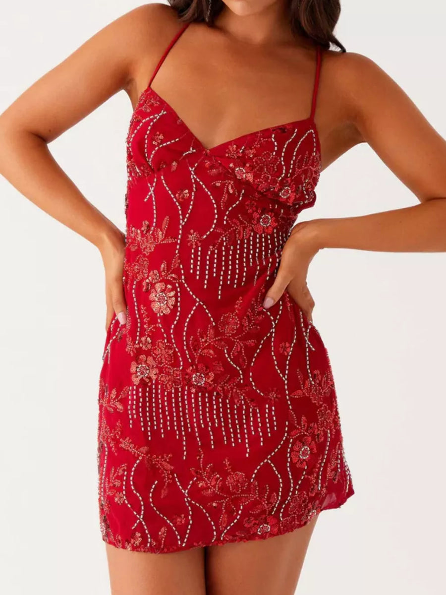 Deep Red embellished floral mini dress with beaded fringe detail.