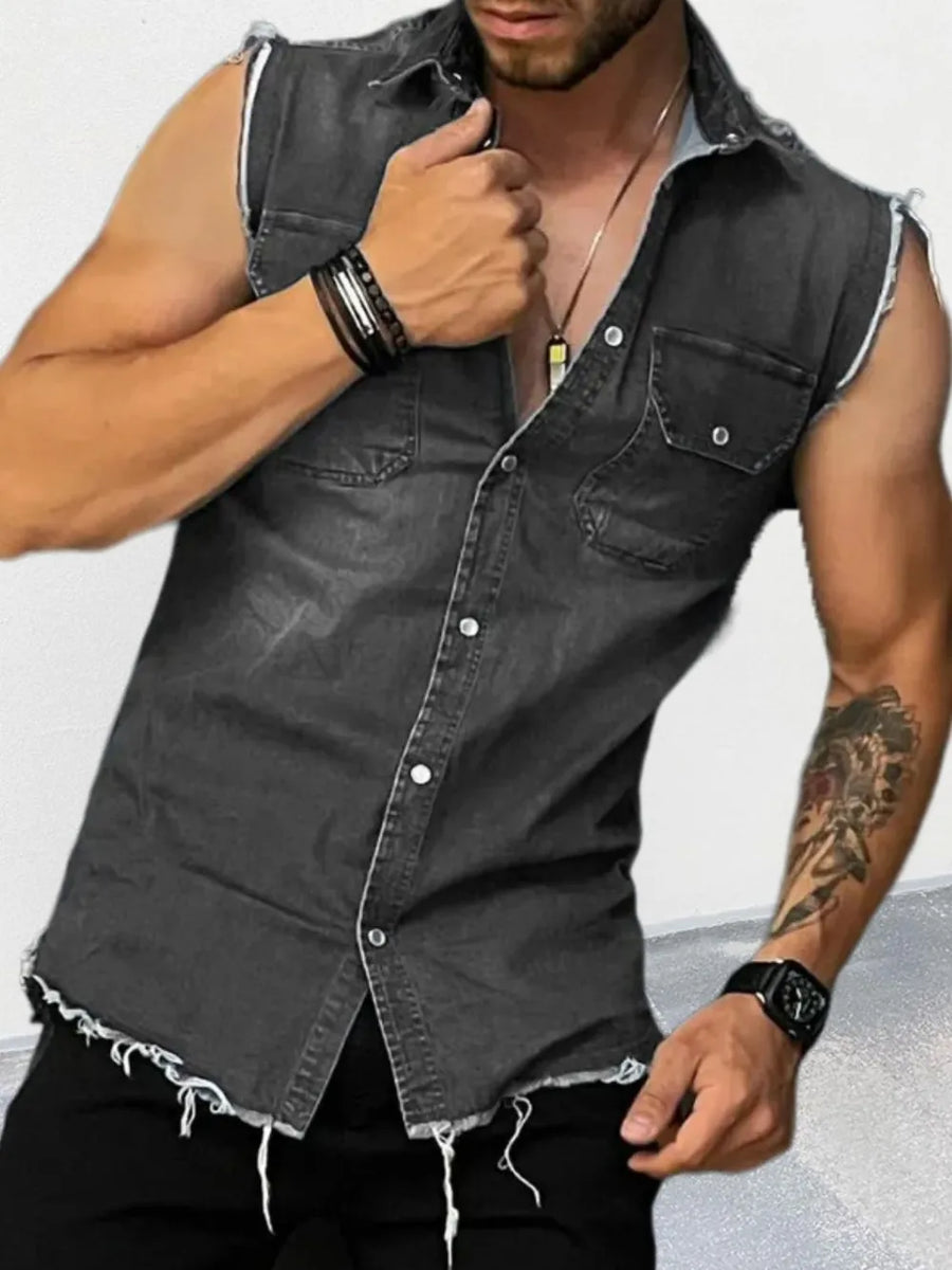 Men's black raw-edge denim sleeveless shirt with button front and chest pockets.