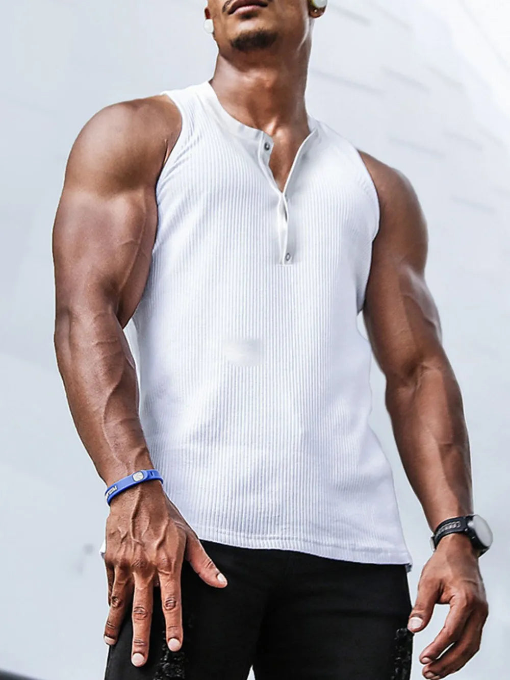 White ribbed henley muscle tank top with button detail