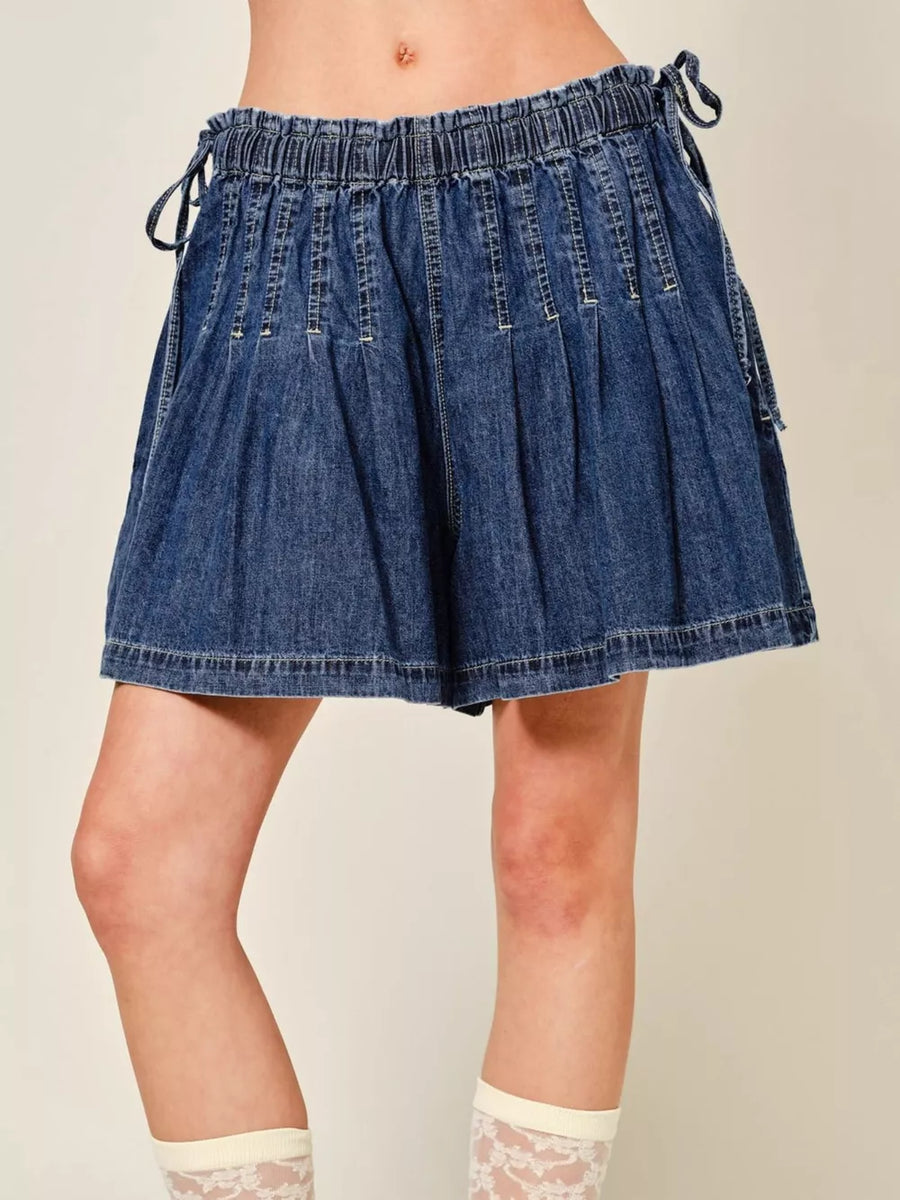 Dark blue denim-effect shorts with ruched waist and tie details