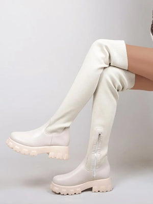 Beige knit-top platform over-the-knee boots with side zipper detail