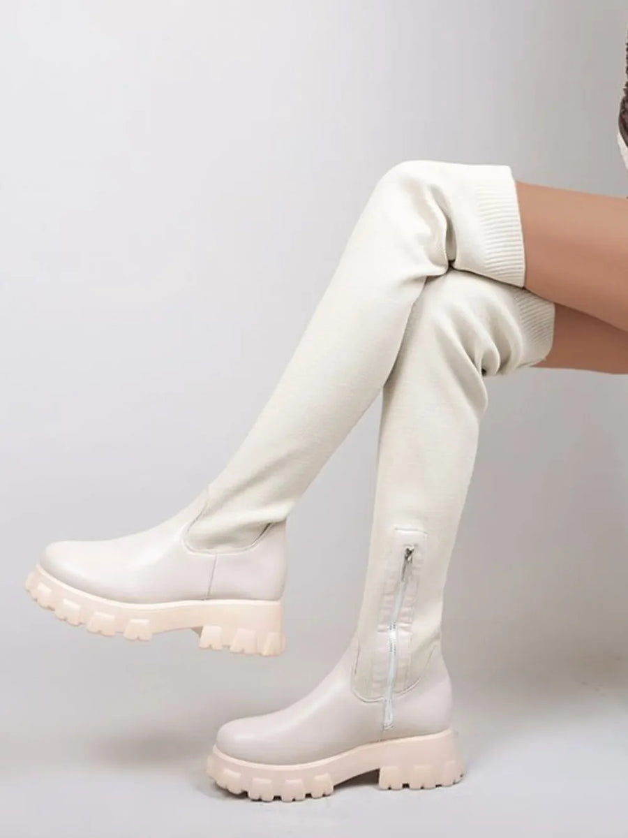 Beige knit-top platform over-the-knee boots with side zipper detail