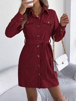 Corduroy Button-Down Shirt Dress in Burgundy with buttoned
