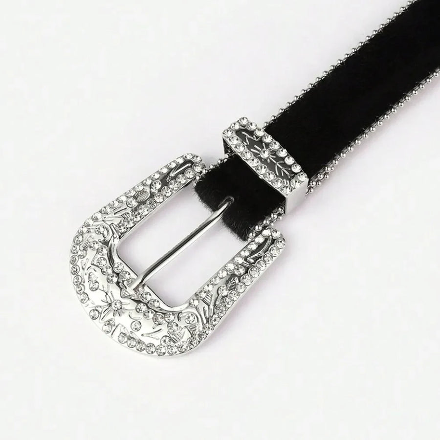 Black western belt with crystal embellishments and silver buckle detail.