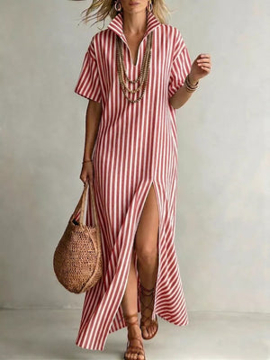 Red striped maxi shirt dress with high slit and short sleeves.