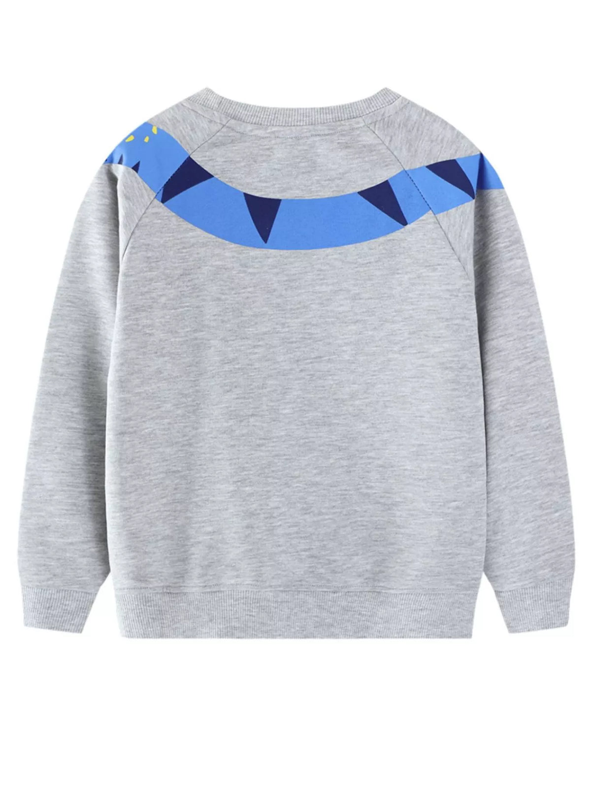 Light gray baby sweatshirt with blue dinosaur graphic on shoulders and crew neck.