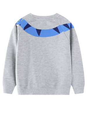 Light gray baby sweatshirt with blue dinosaur graphic on shoulders and crew neck.