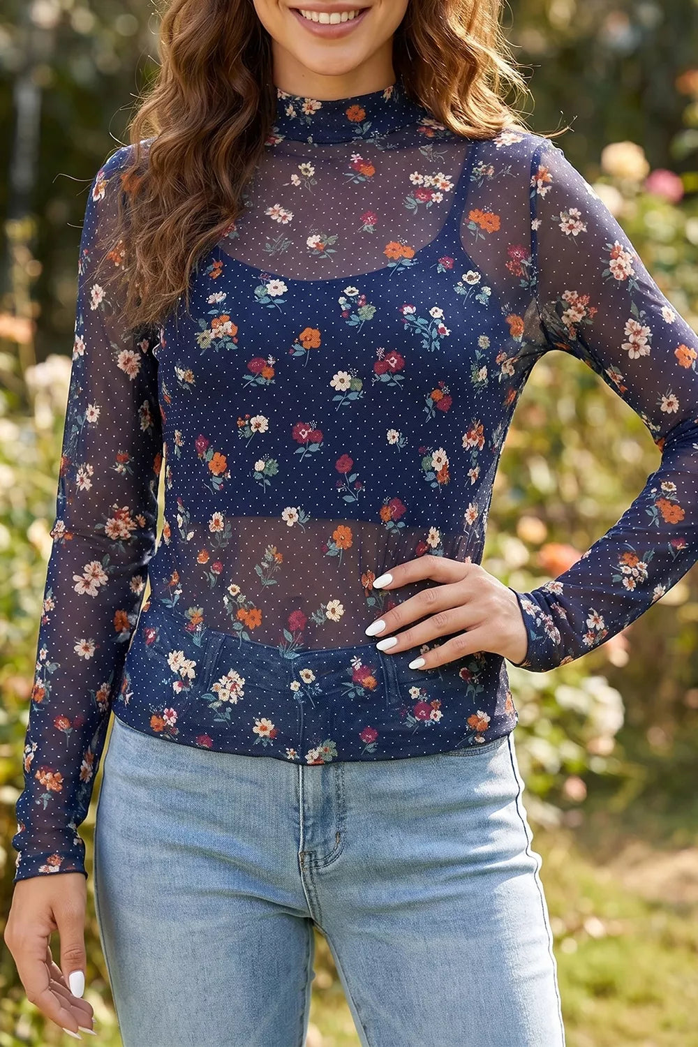 Navy with Polka Dot Floral Mesh Long Sleeve Top in Navy