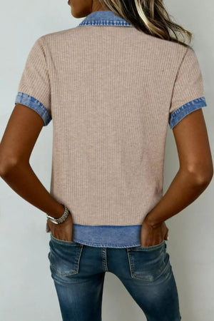 Ribbed knit tunic top in beige with short sleeves and a denim collar and trim.