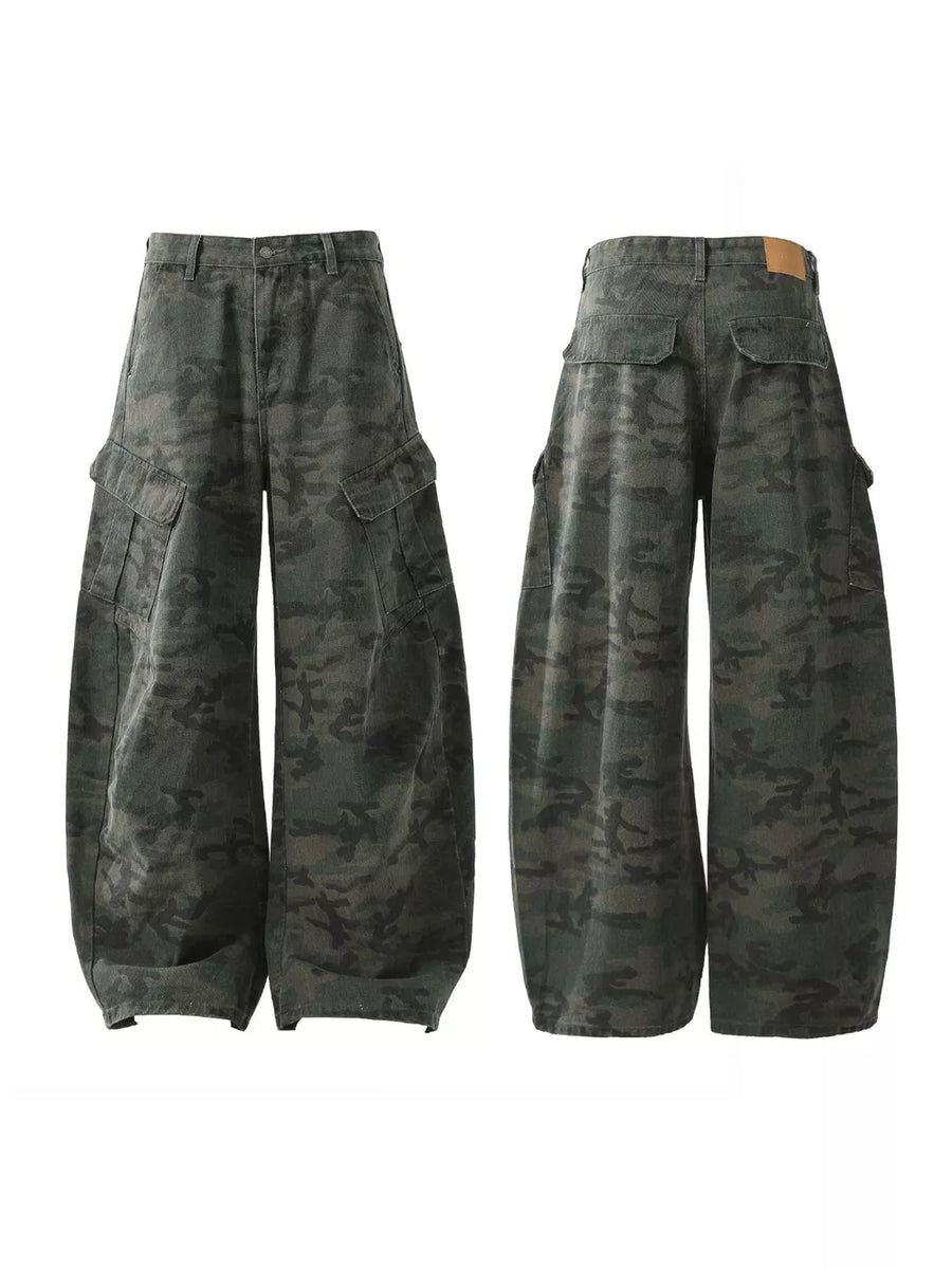 Green camouflage baggy cargo pants with multiple pockets and button fly.