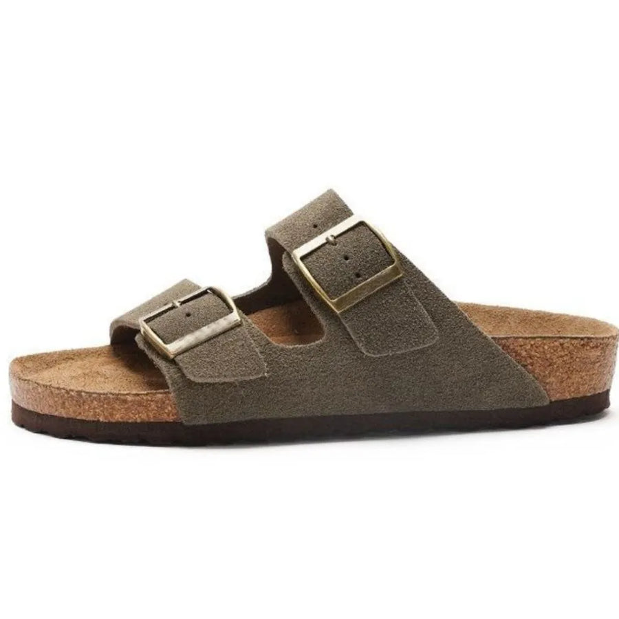 Army green suede slide sandals with double adjustable buckles and cork footbed.