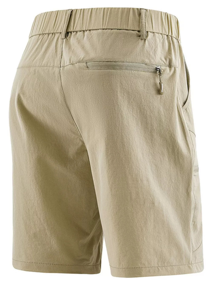 Khaki lightweight quick-dry cargo shorts with elastic waistband and zippered back pocket.