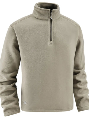 Plus-size Khaki quarter zip sweatshirt with a stand-up collar and zipper detail.