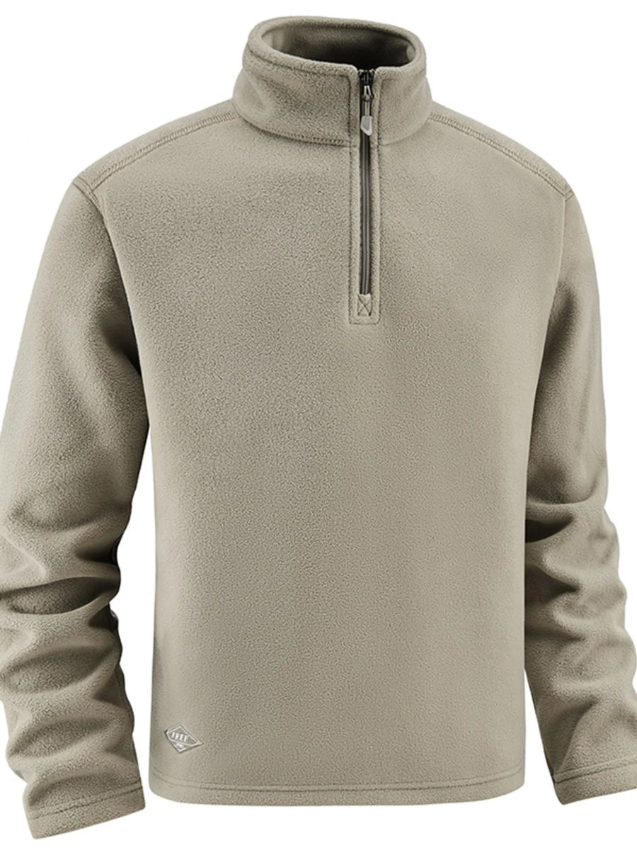 Plus-size Khaki quarter zip sweatshirt with a stand-up collar and zipper detail.