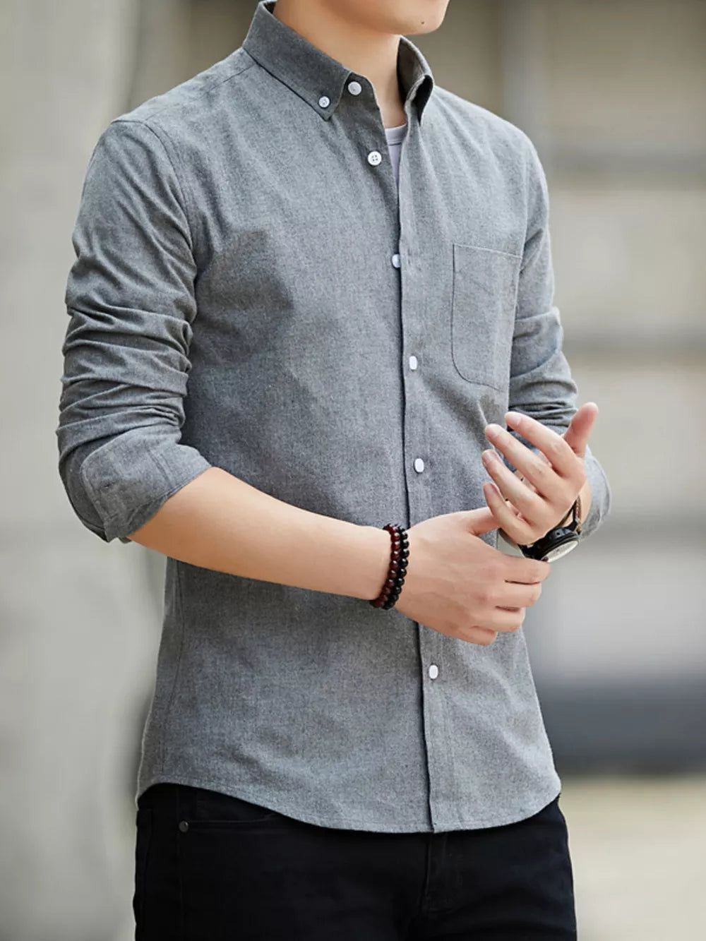 Men's grey cotton button-down casual shirt with chest pocket