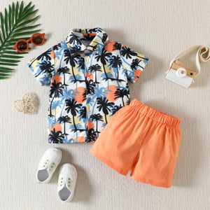 Toddler tropical print shirt and orange shorts set, cotton, collared, short sleeve.