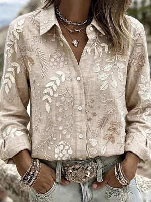 Sage button-down shirt with embroidered and long sleeve