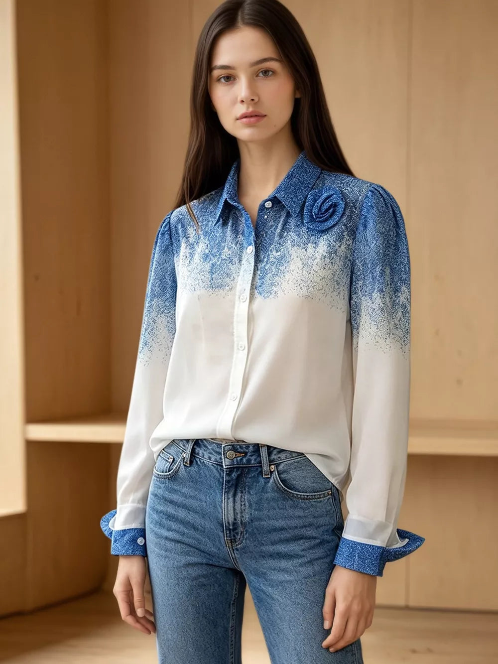 royal blue button-up shirt with ombre and collared