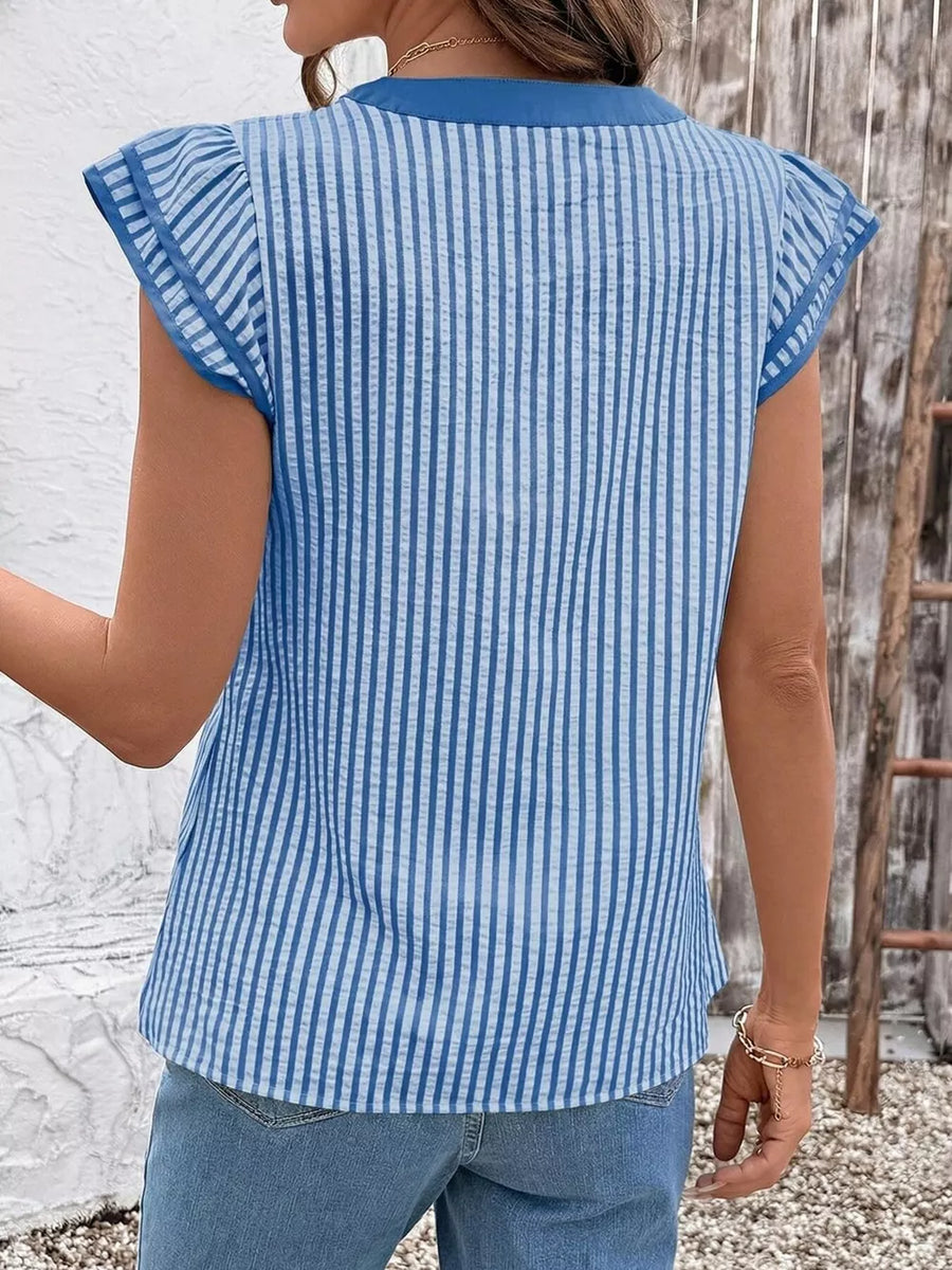Blue vertical stripe blouse with ruffle sleeves and a V-neck.