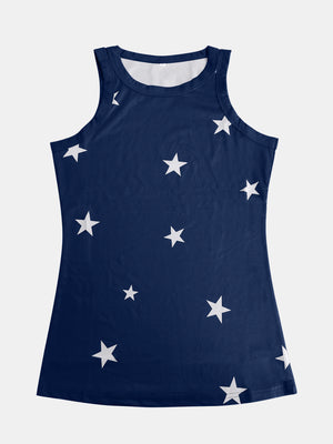 Navy ribbed tank top with white stars, round neck, sleeveless