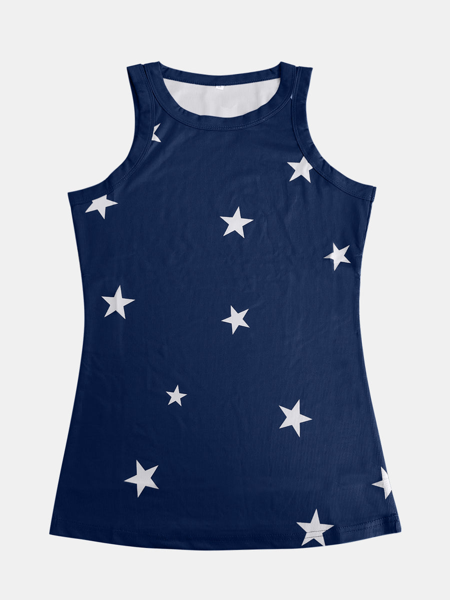 Navy ribbed tank top with white stars, round neck, sleeveless