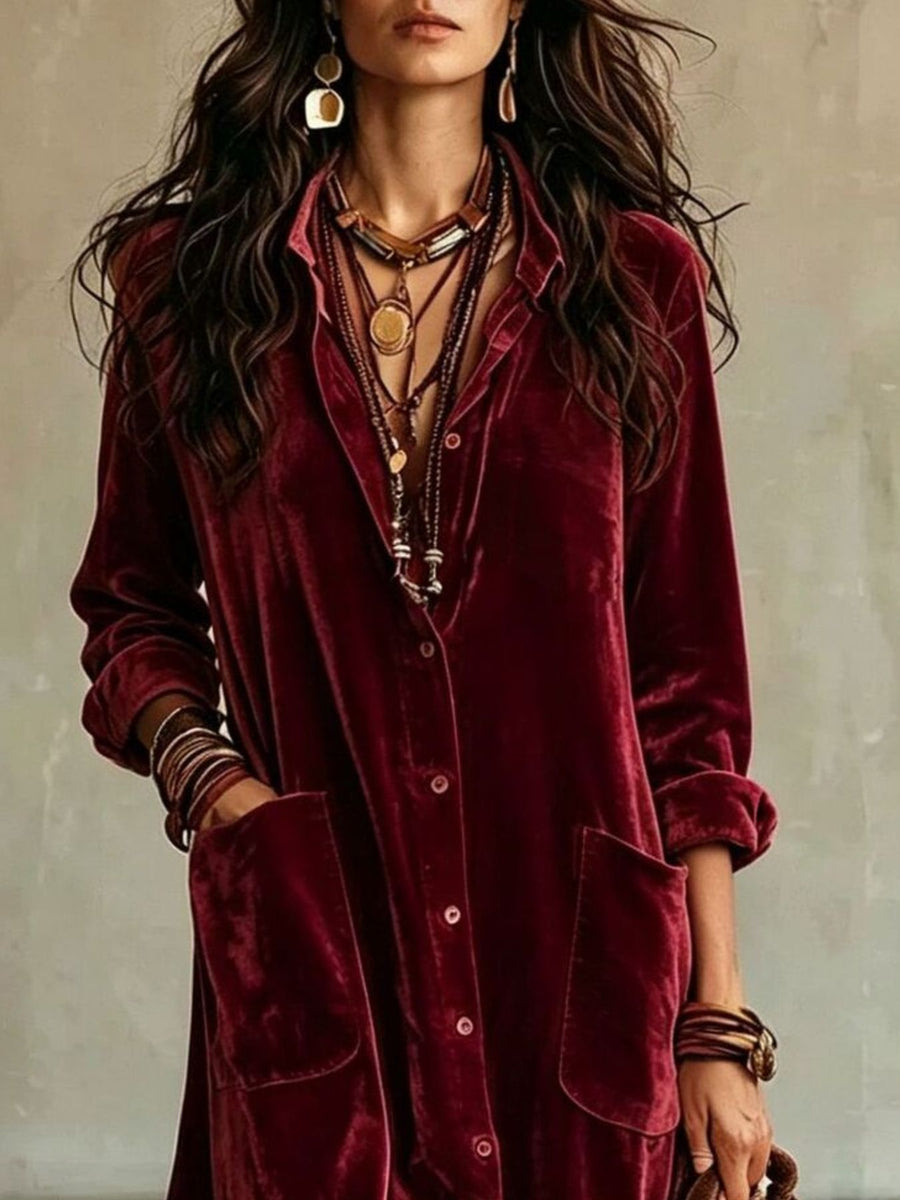 Bohemian Velvet Button-Down Maxi Dress in mustard with buttoned