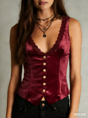 Red velvet button-down vest with lace trim and gold buttons.