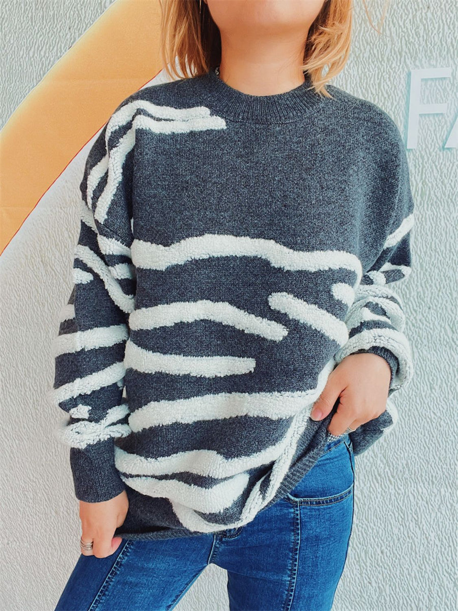 Dark Gray textured stripe knit crewneck sweater with fuzzy white stripes.