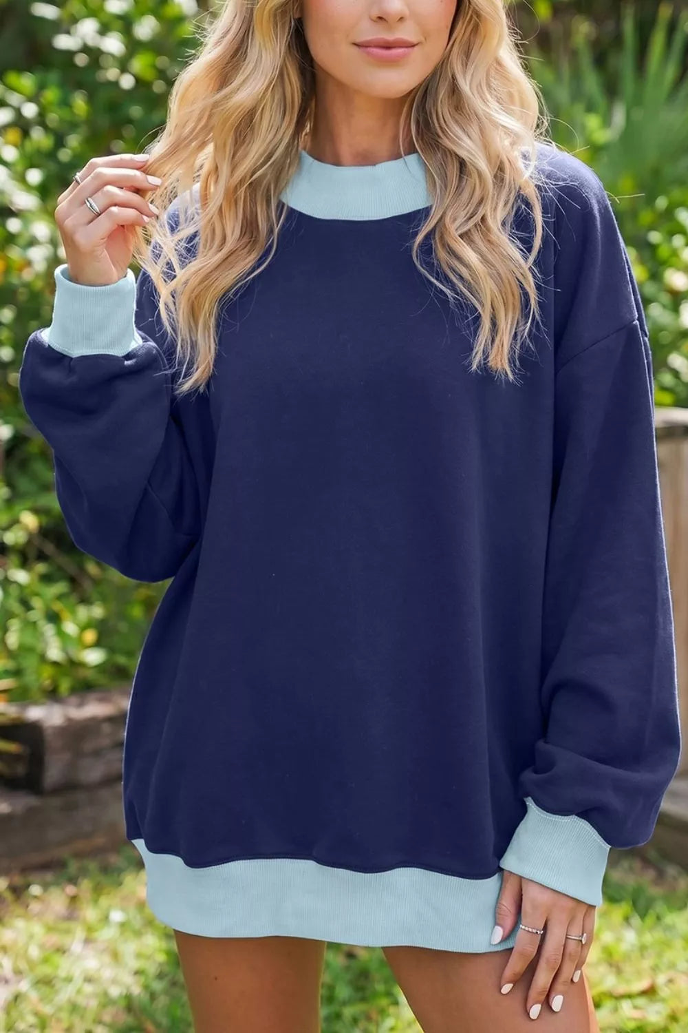 navy blue sweatshirt with color-block and crew neck
