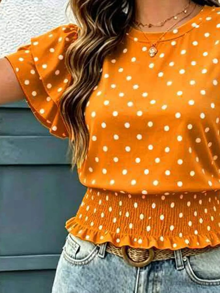 Orange with Polka Dot Ruffle Sleeve Blouse