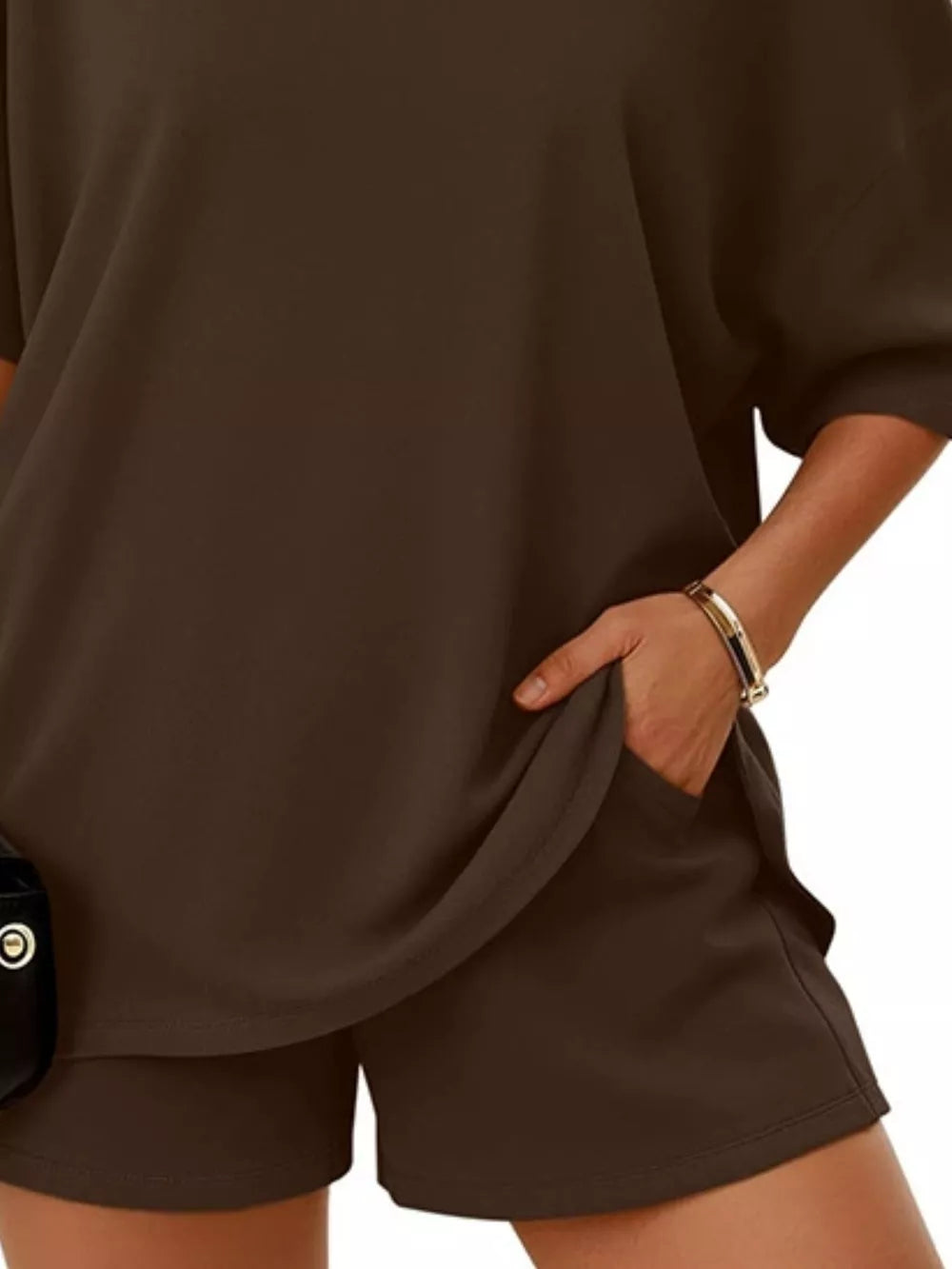 One-shoulder Short Sleeve Top And Shorts Set in Taupe with one-shoulder