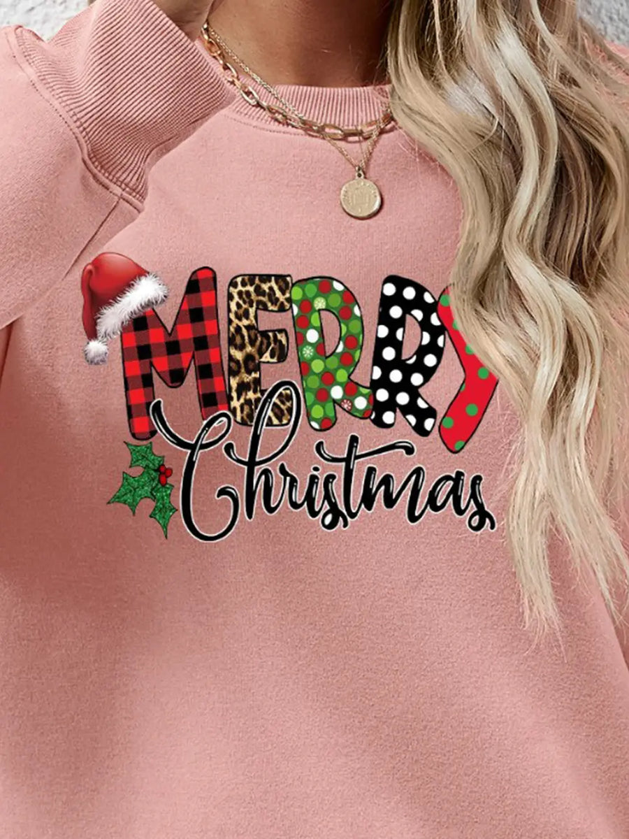 Blush pink sweatshirt with Merry Christmas graphic, drop shoulder, and festive patterns.
