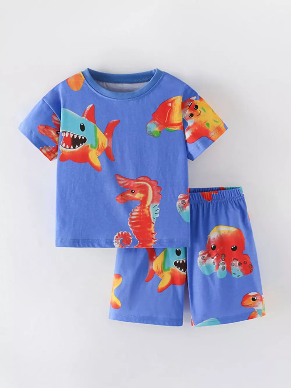 Toddler blue cotton blend crew neck set with whimsical ocean creature print.