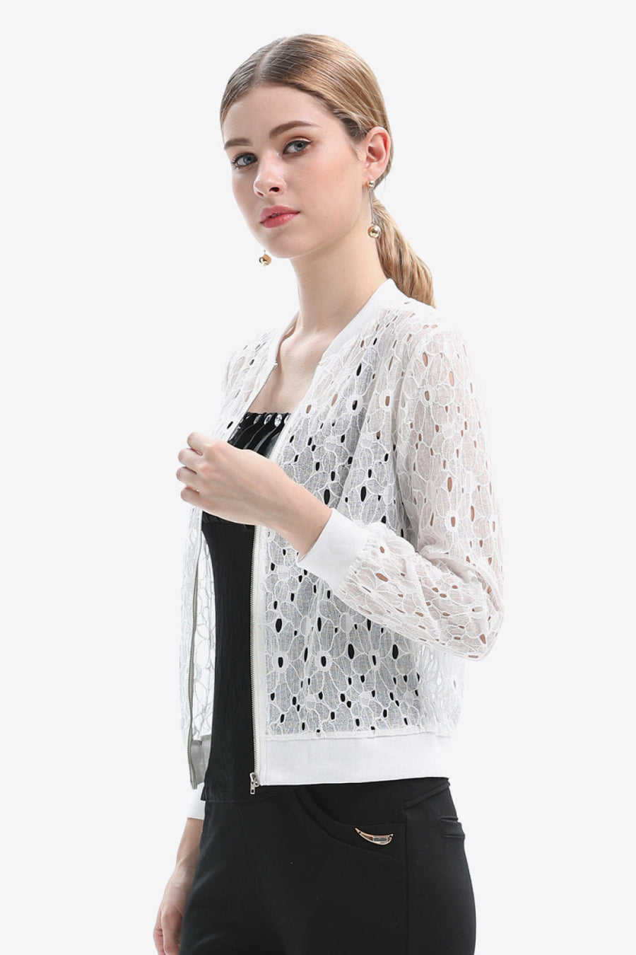 White lace-cut bomber jacket with full zip and ribbed cuffs.