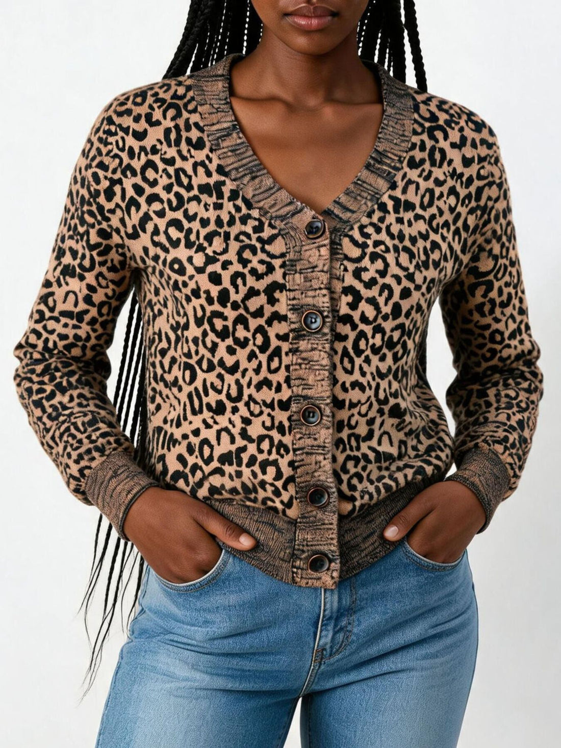tan cardigan with leopard and v-neck