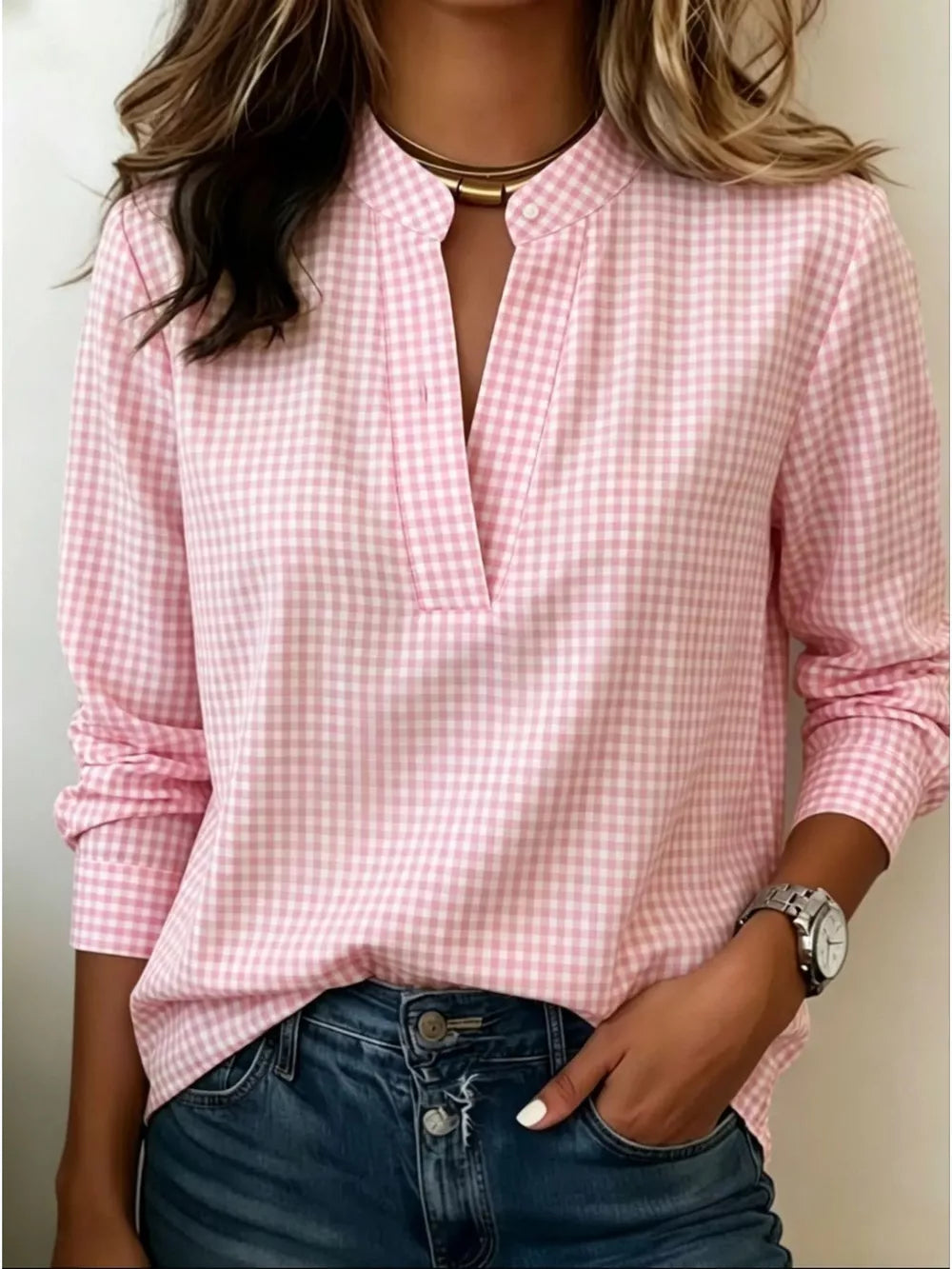 Full Size Plaid Notched Long Sleeve Blouse in Pink