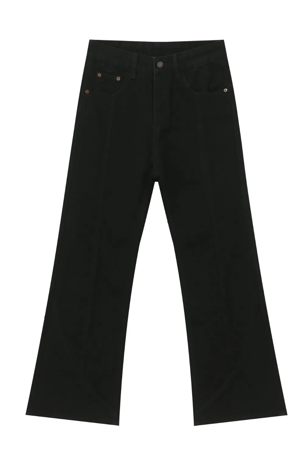 Black flare jeans with panel seams and a wide leg