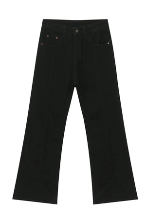 Black flare jeans with panel seams and a wide leg