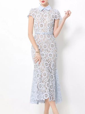 Light blue floral lace midi dress with cap sleeves, pointed collar, and studded belt.