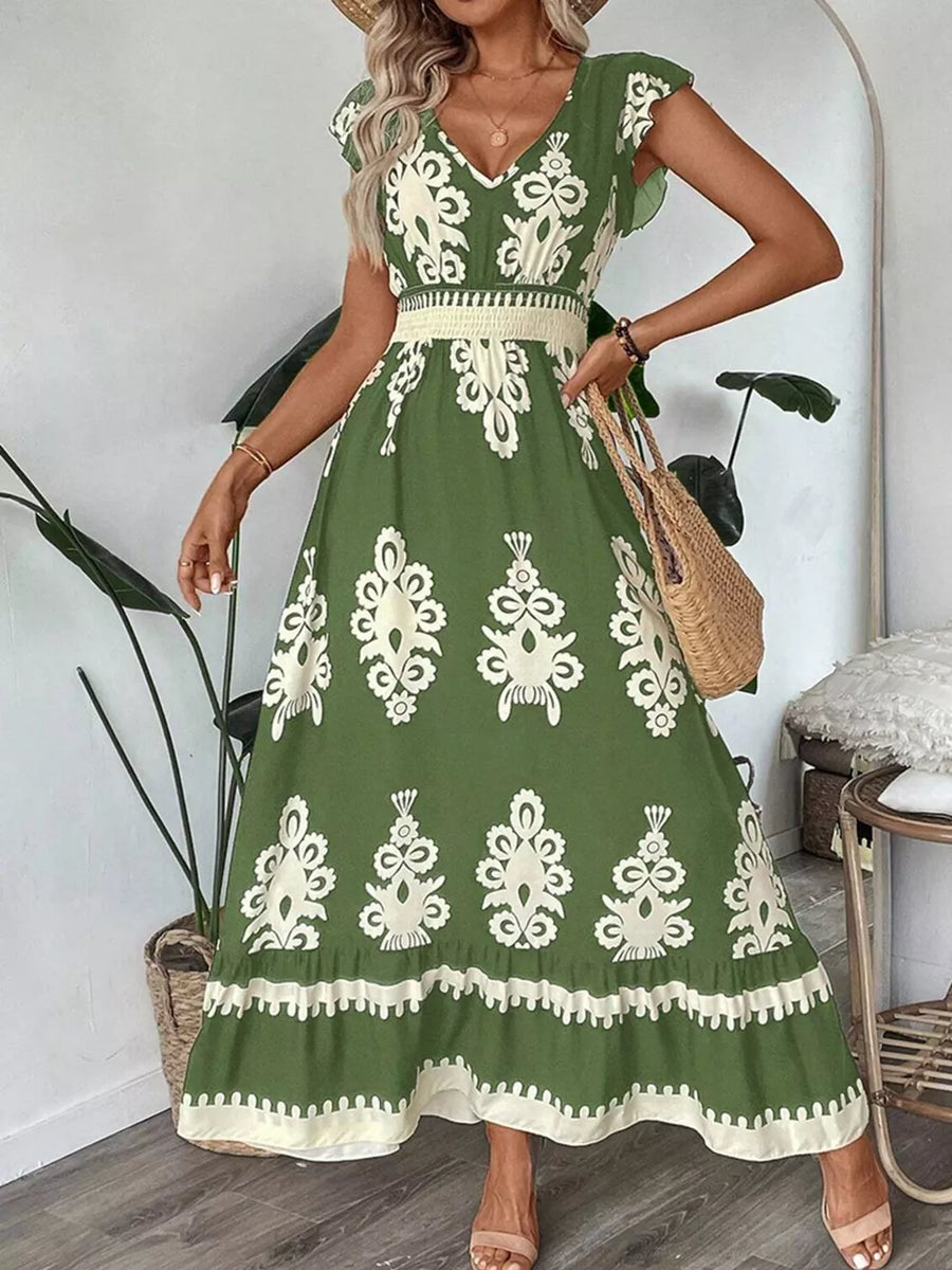 Ruffled Printed V-neck Maxi Dress in White