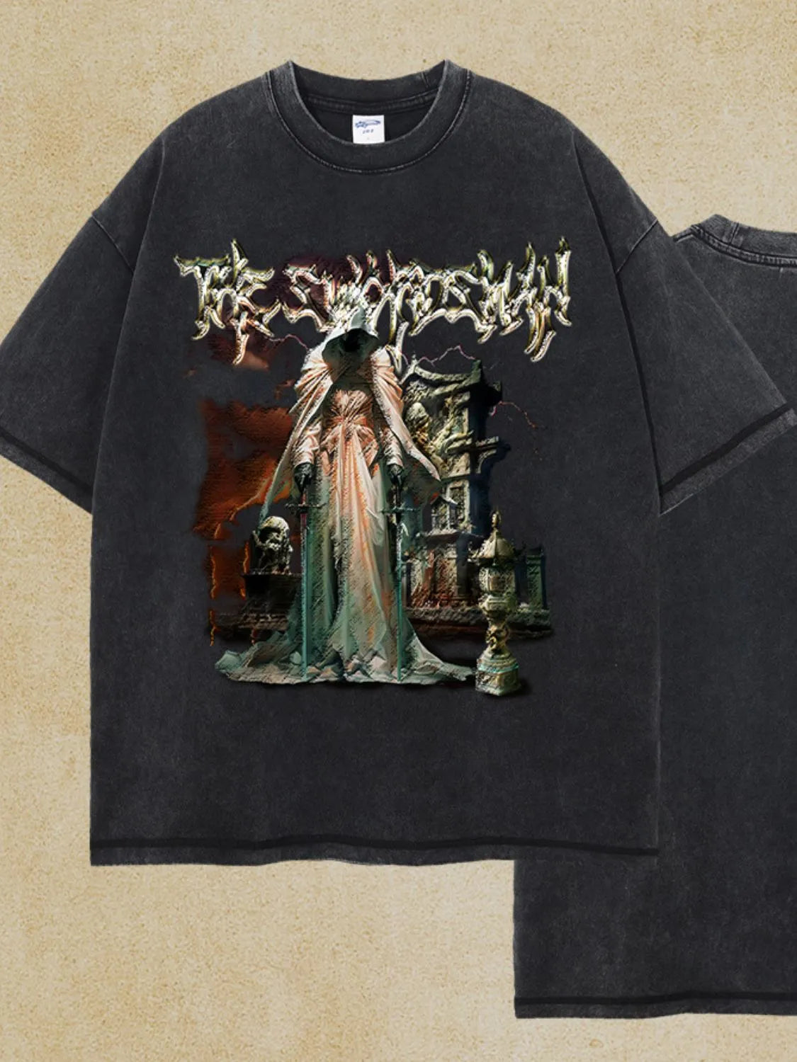 Black vintage wash graphic tee with a hooded figure and gothic imagery.
