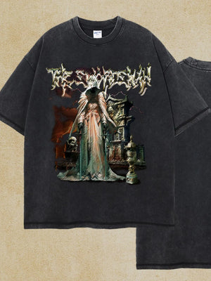 Black vintage wash graphic tee with a hooded figure and gothic imagery.