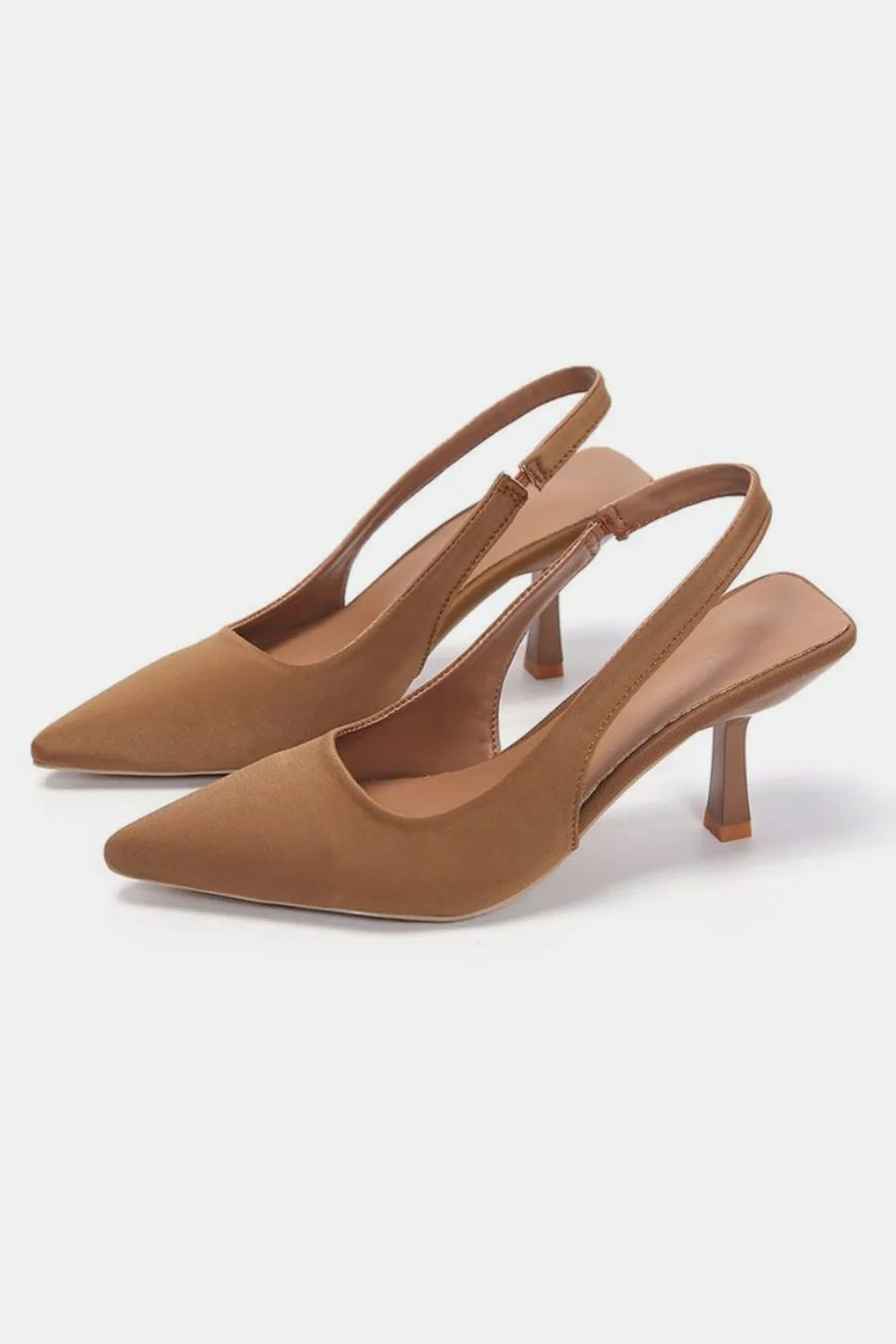 Caramel slingback satin pumps with sculpted heel and pointed toe